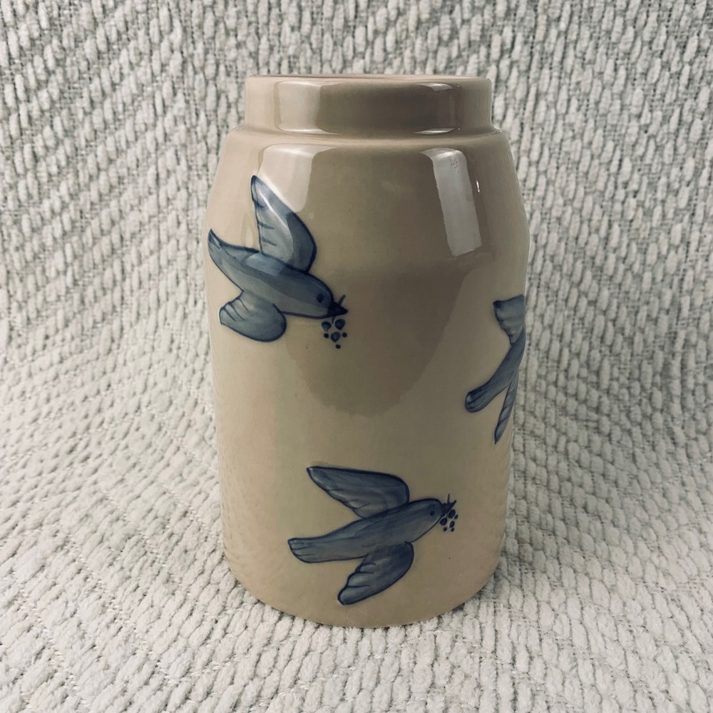 Tender Heart Treasures‎ Vase Blue Bird Vintage 2001 Ceramic Crock Utensil Holder